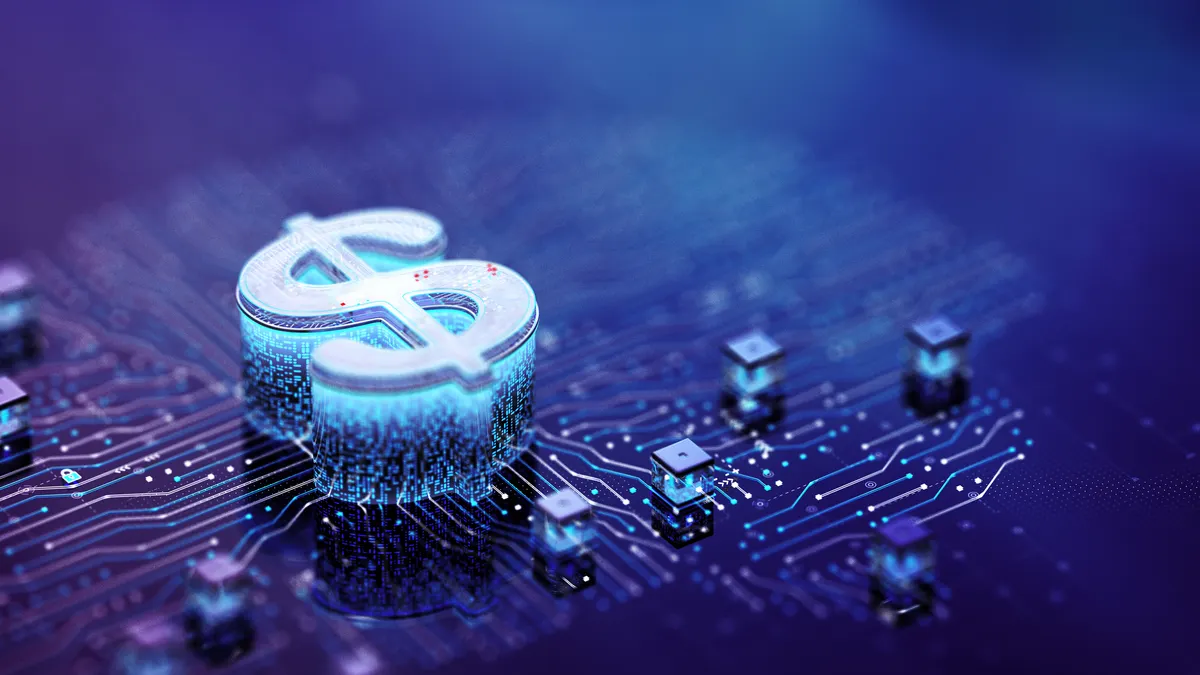 Dollar sign over an AI brain on a circuit board. Representing rising CFO spending on artificial intelligence.