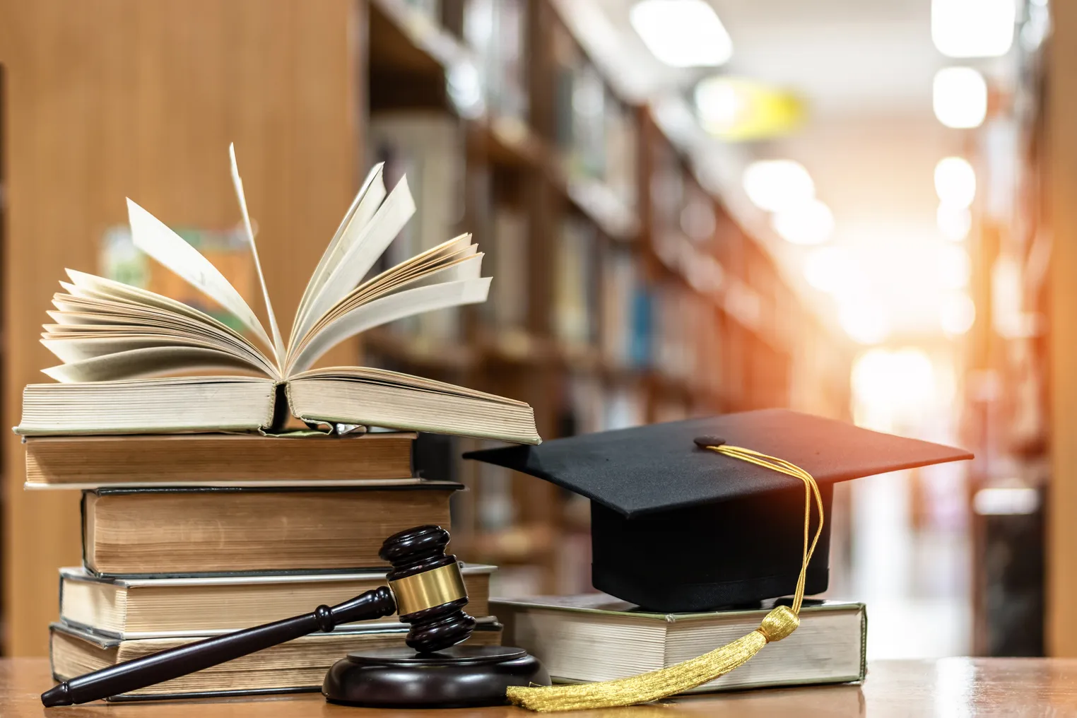 A judge's gavel sits on a desk in front of a stack of books and a graduation cap. In the background are shelves of books.