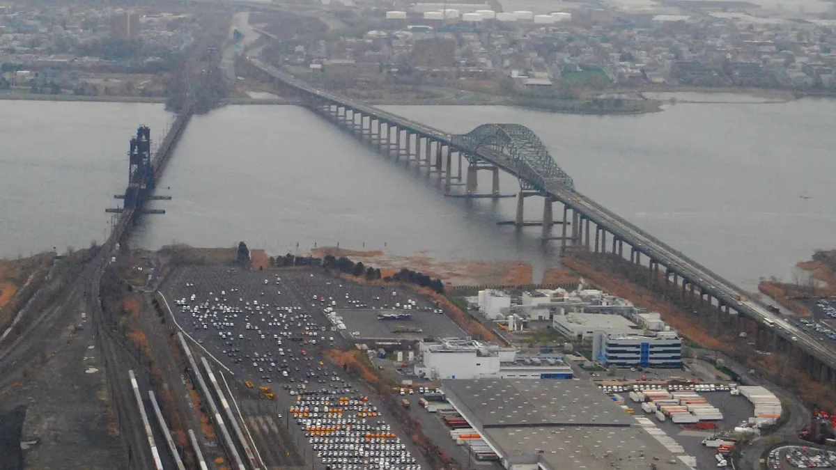 Aerial view looking east of the Newark Bay Bridge and New Jersey Turnpike.