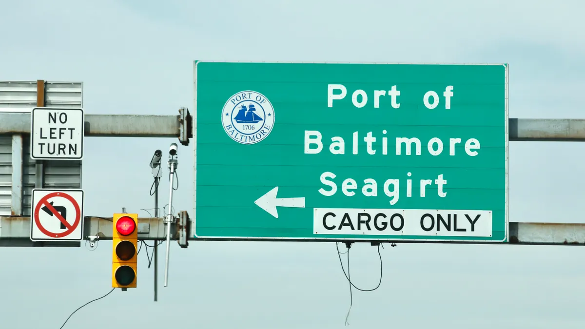 A "Port of Baltimore Seagirt" road sign outside the Port of Baltimore's container terminal.