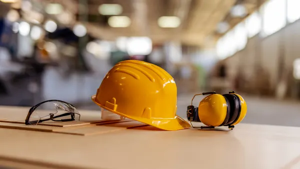 Construction safety gear rests on a table.