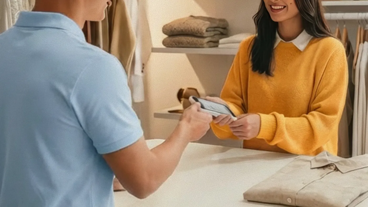 woman serving a customer across the aisle