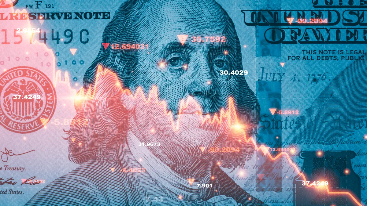 A $100 bill is shown with graph activity overlaid