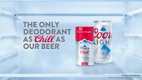 A stick of Dura Chill branded deodorant sits next to a can of Coors Light beer, both of which feature similar packaging images with mountains.