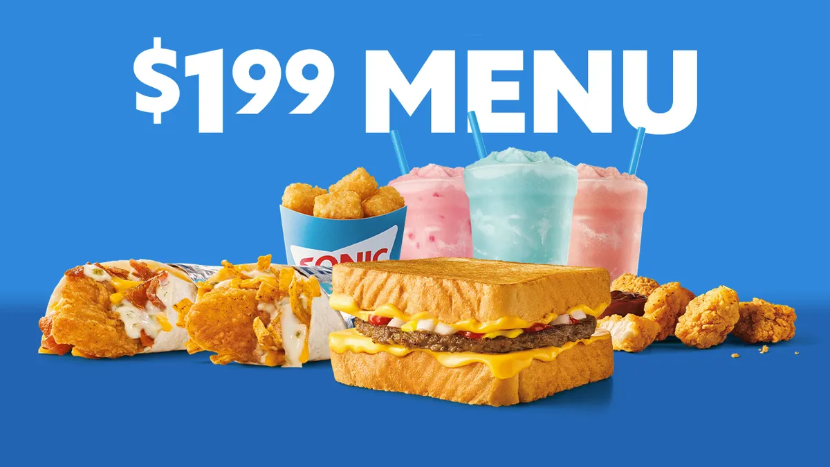 Several items from Sonic Drive-In arranged to showcase the brand's changes to its Fun99 value menu