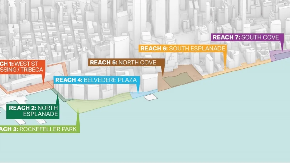 A rendering shows a sea level rise resiliency project in Lower Manhattan.