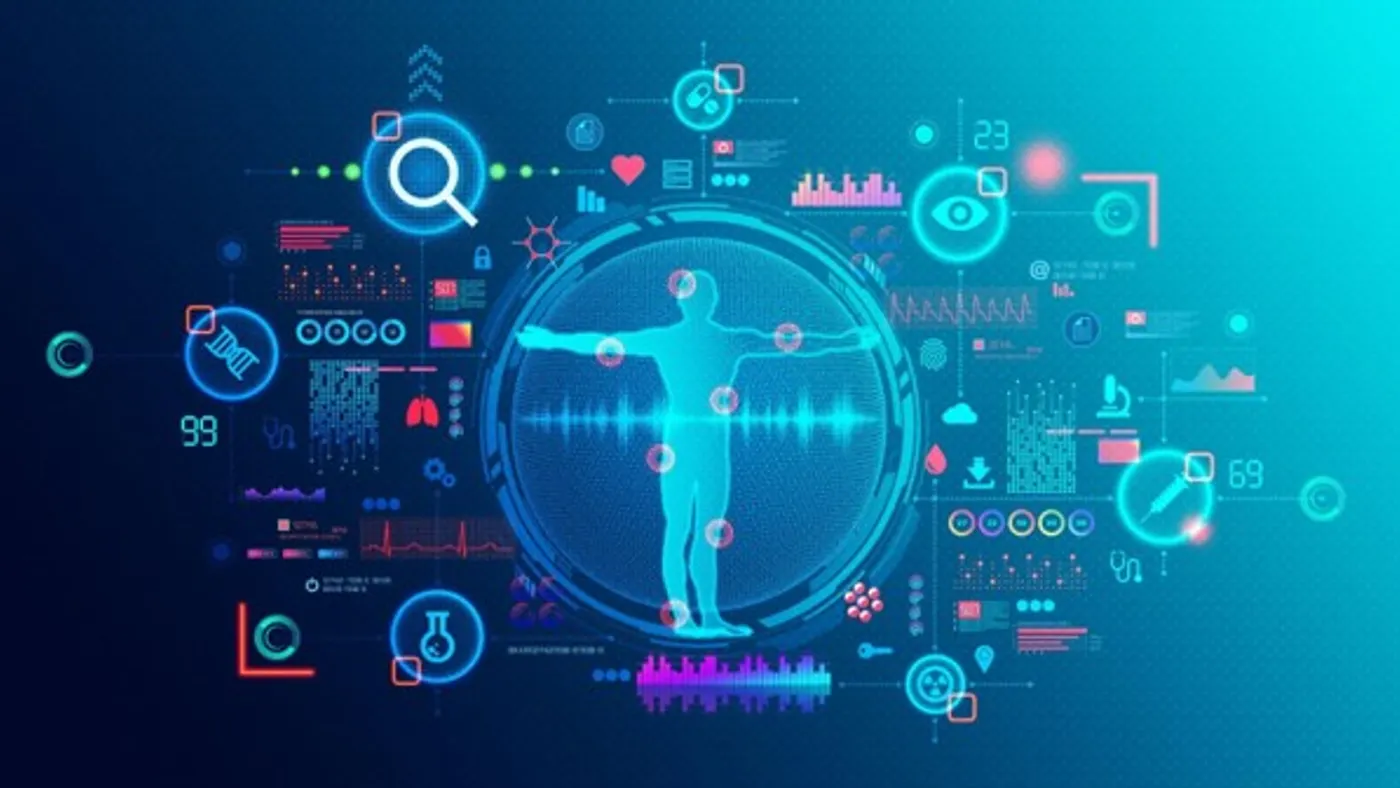 Futuristic digital healthcare interface showing a glowing human figure in a circular scanner, surrounded by medical data, charts, and icons.