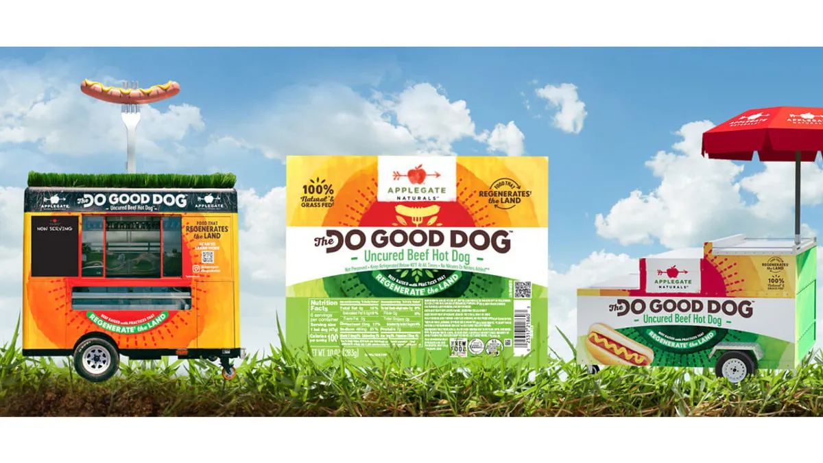 Brand packaging of Applegate's regenerative agriculture hotdogs are seen