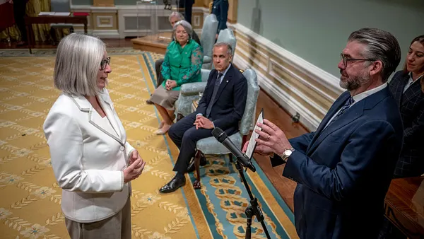 Canada Minister of Jobs and Families Patty Hajdu speaks during a swearing-in ceremony on May 13, 2025 in Ottawa.