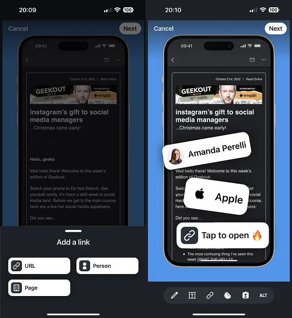 LinkedIn link sticker options