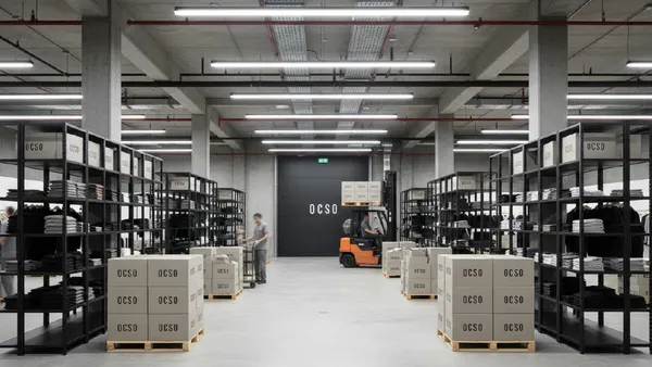 A wide shot of a modern, organized warehouse with tall metal shelving units filled with neatly folded gray clothing items and stacked cardboard boxes, many labeled "OCSO."