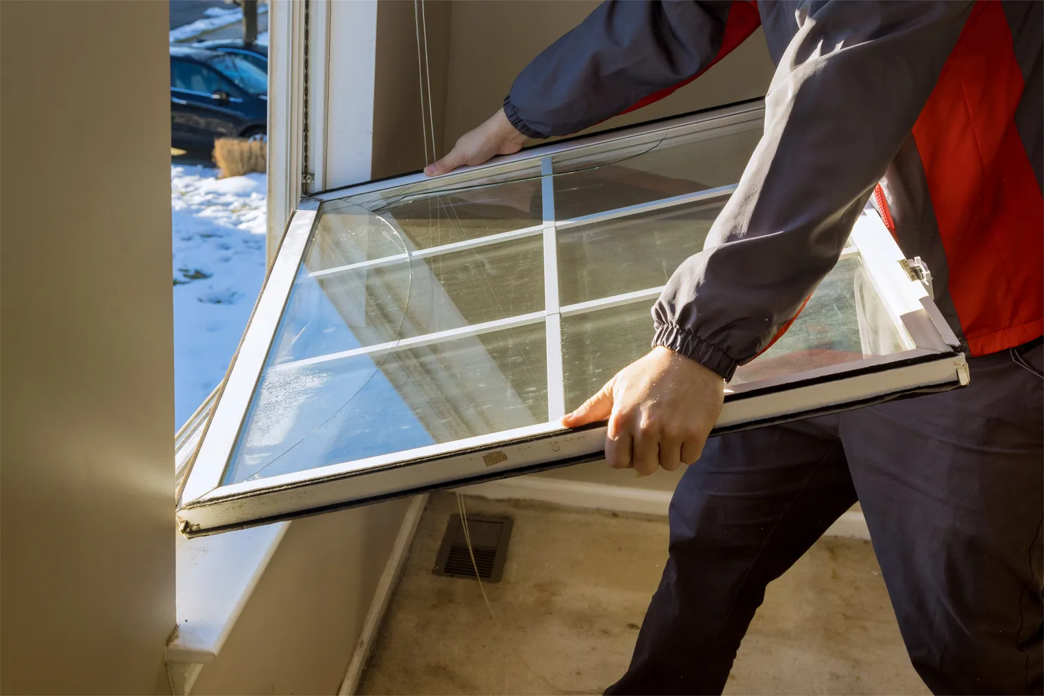 Someone replacing a window in a building.