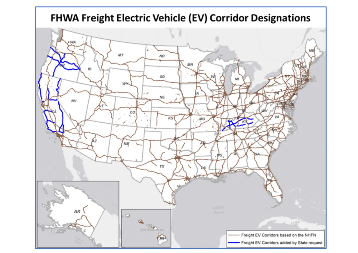 A map shows freight corridors identified by states and the federal government for future zero-emissions infrastructure investments.