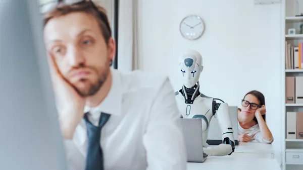 Bored frustrated business people working in the office with an efficient robot: the impact of AI in the workplace