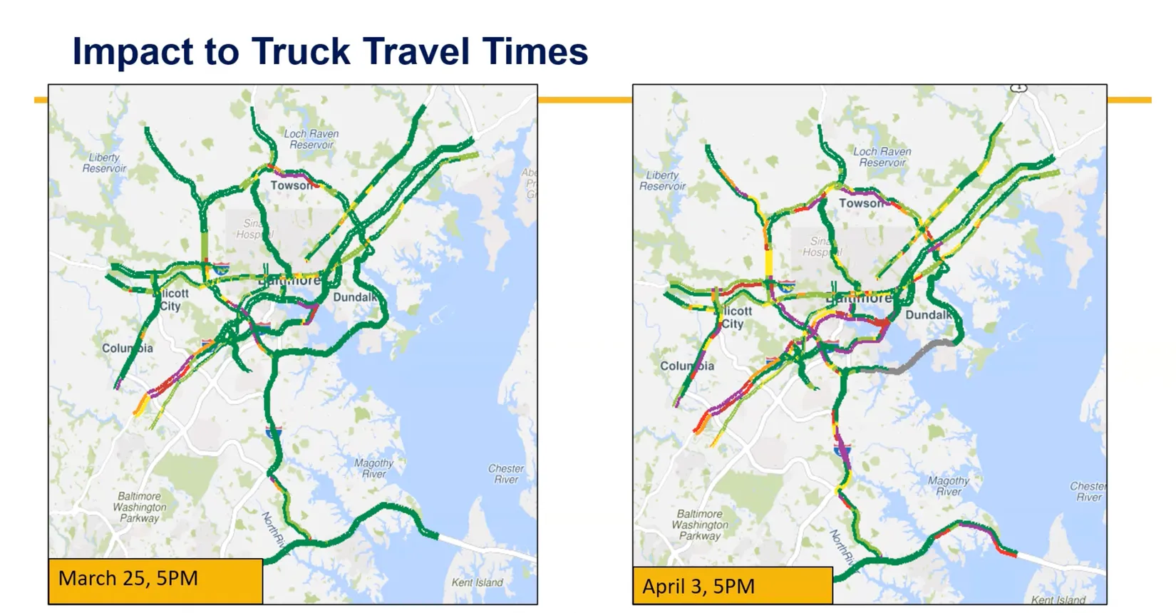 A map presented by the FMCSA and created by the University of Maryland shows traffic flows before and after the Baltimore bridge collapse.