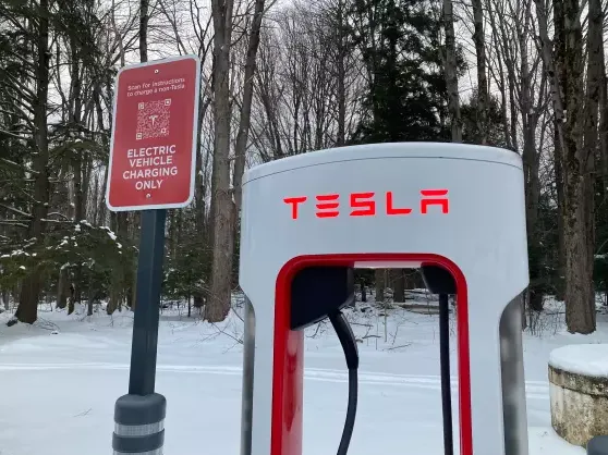 A photo of Tesla chargers at a Stewart's Shops location.