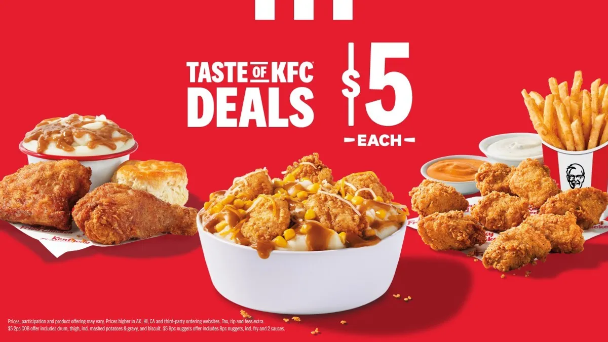 Kentucky Fried Chicken's 2024 $5 value deals: A chicken nuggets combo, a famous bowl with mashed potatoes and nuggets, and a 2-piece combo.