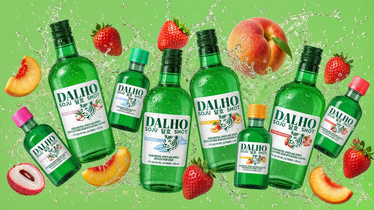 Bottles of varying sizes of Dalho, a soju brand from Sazerac. The bottles are surrounded with fruits.