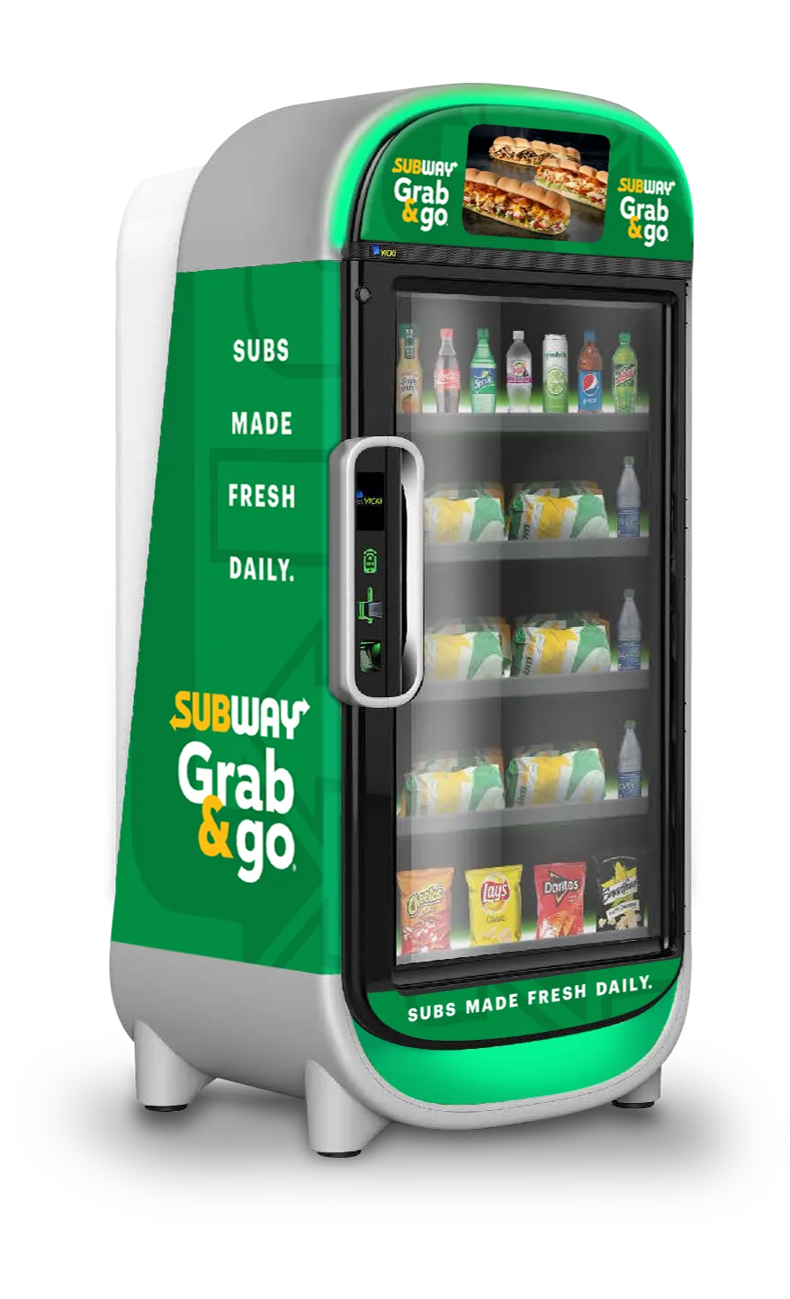 An image of a Subway smart fridge that contains drinks and sandwiches