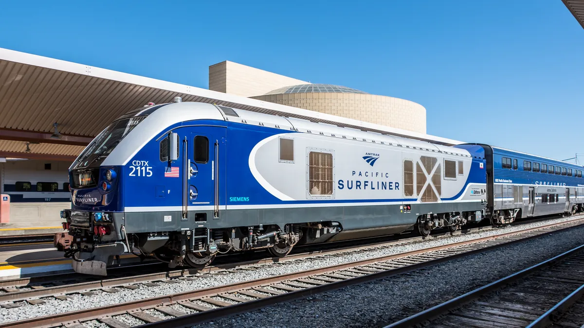 An Amtrak "Pacific Surfliner" train at Los Angeles Union Station.