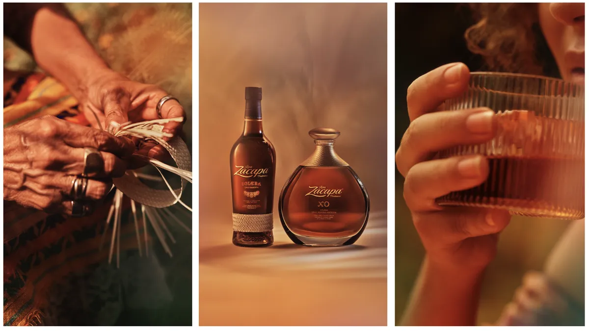 Three images side by side, an image of hands with rings weaving, bottles of Zacapa and someone holding a glass of rum.