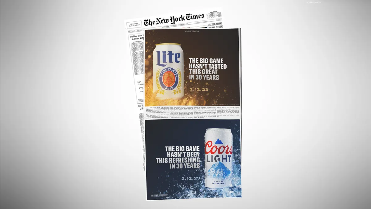 A full-page print ad in The New York Times pits sister beer brands Miller Lite and Coors Light against each other.