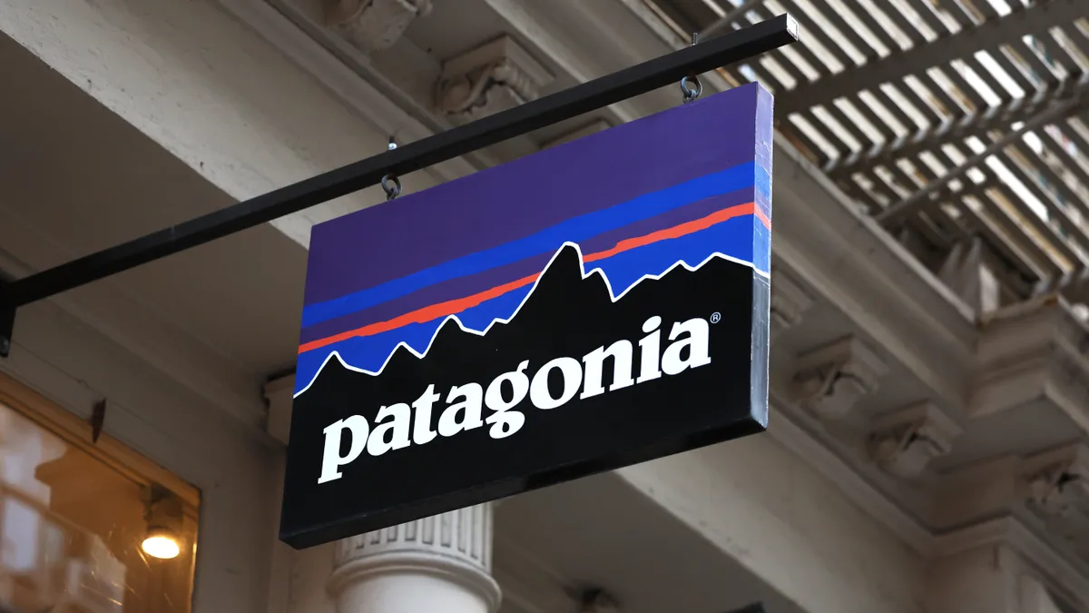 Blue, red and purple store sign saying Patagonia