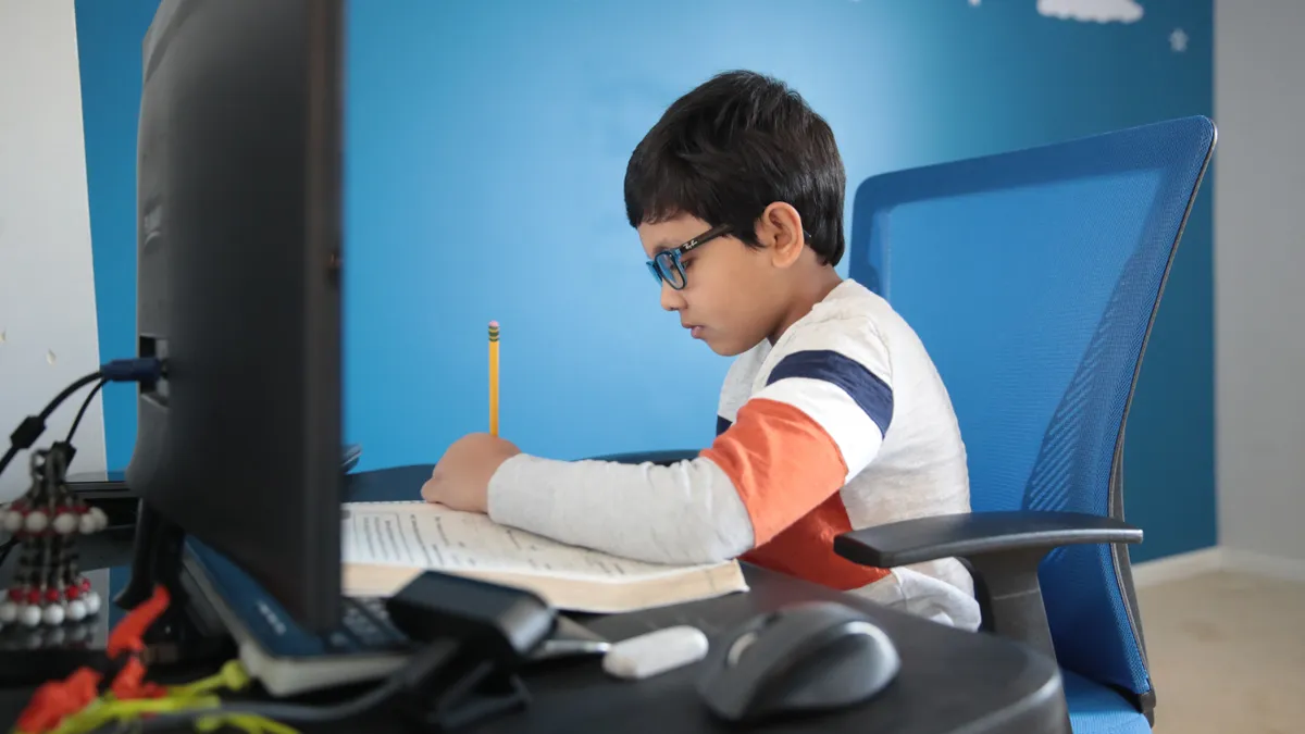 Young student works on computer at home.