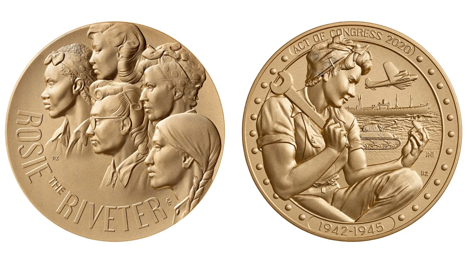 A gold or bronze medal with five women of all ages on the left side, and one woman with a ship in the background on the right side.