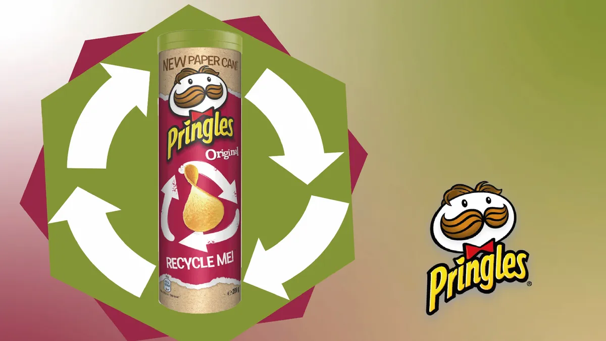 A can of Pringles potato chips in a new paper-based container.