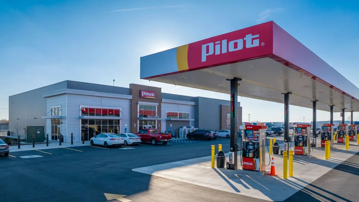 A photo of the exterior of a Pilot travel center.