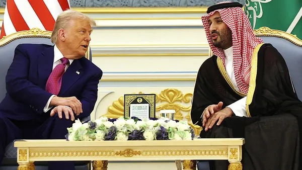 U.S. President Donald Trump meets with Saudi Crown Prince Mohammed bin Salman during a “coffee ceremony” at the Saudi Royal Court on May 13, 2025, in Riyadh, Saudi Arabia.