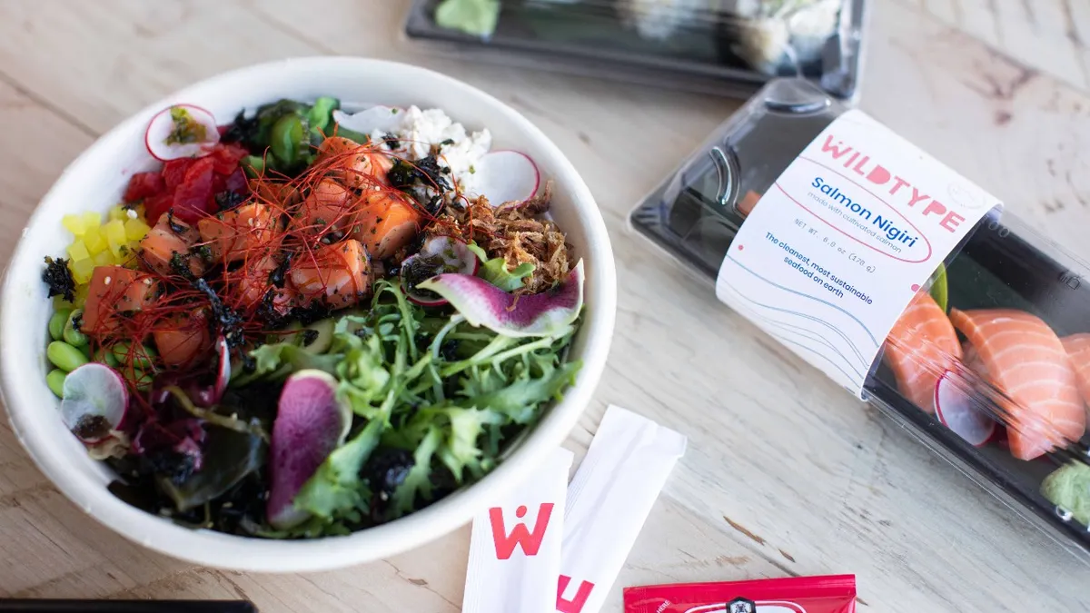 Sushi and a poke bowl made with Wildtype's cell-based salmon.