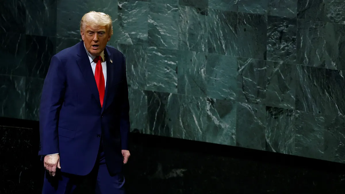 President Donald Trump leaves the 80th session of the United Nations General Assembly at the UN headquarters on Sept. 23, 2025, in New York City.