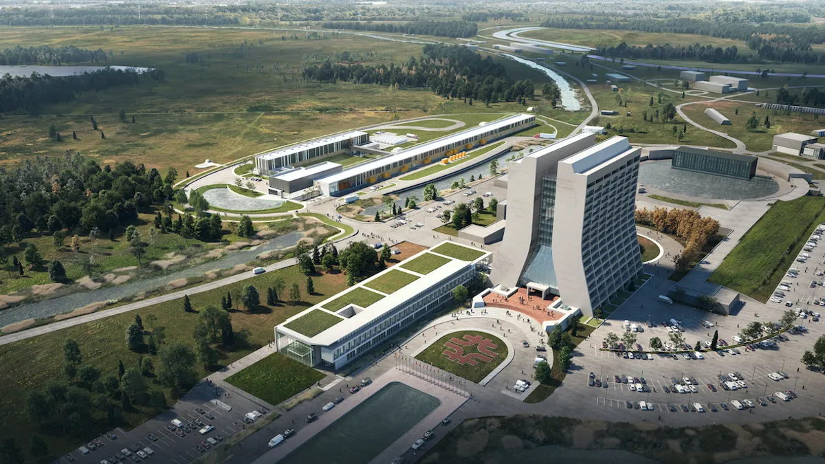 Aerial view of the Fermilab accelerator complex