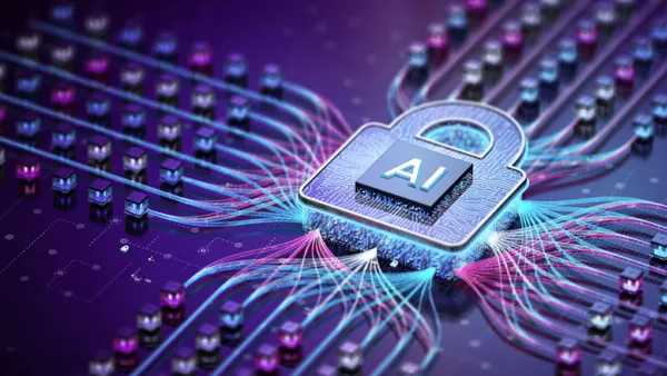 Digital illustration of an AI chip shaped like a padlock, connected to glowing circuit pathways on a purple background.