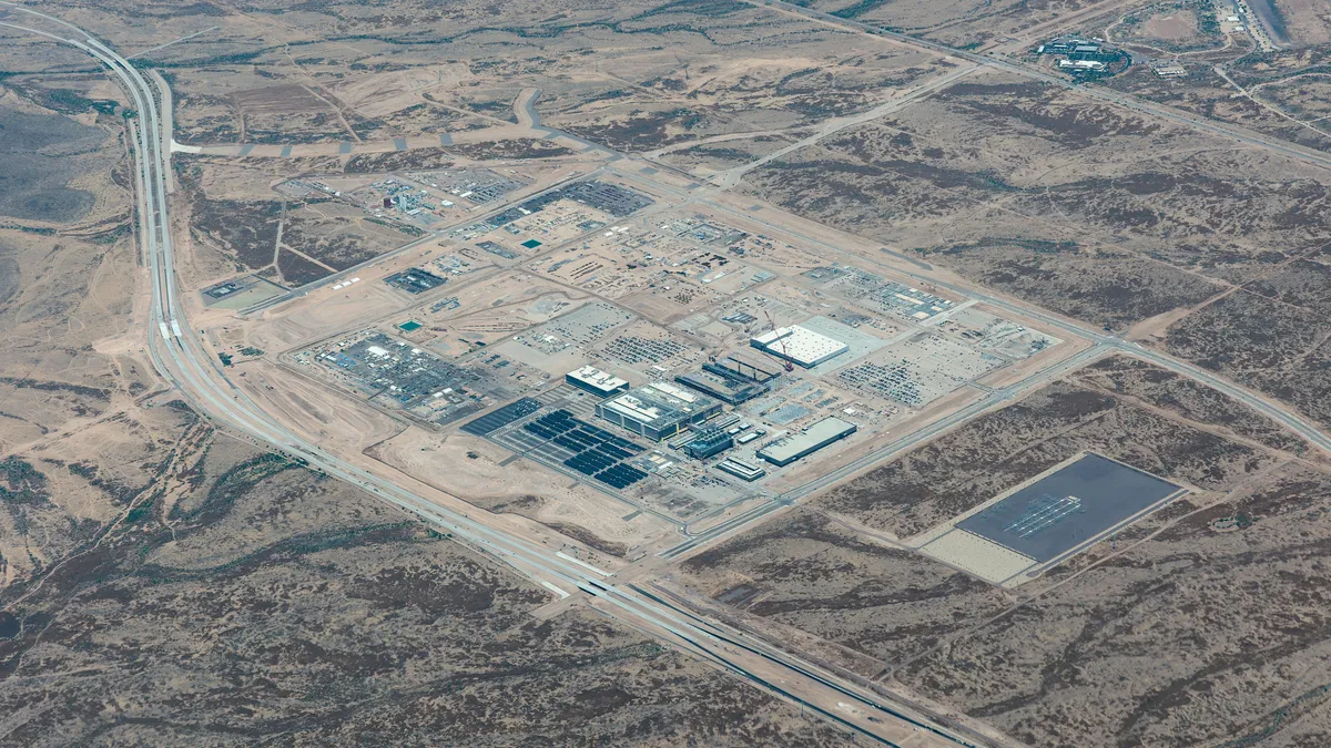 Aerial view of the new computer chip factory that's being built by The Taiwan Semiconductor Manufacturing Company in Arizona on the North side of Phoenix.