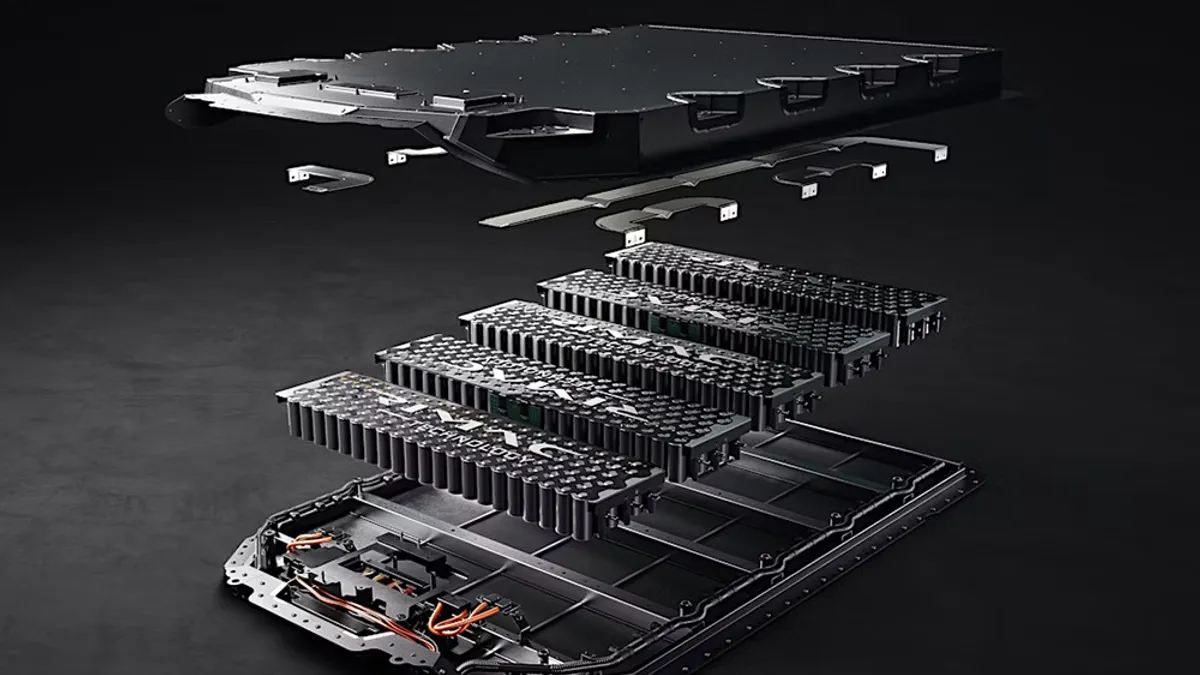 A cutaway view of the components of a Rimac-designed EV battery pack using cylindrical cells.