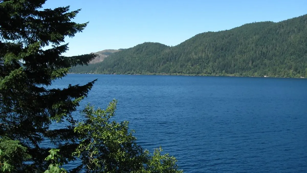 Trees are seen in the foreground with lake and mountains in the background.