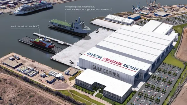 A large white facility in the center, with red and white texts on top, "American Icebreaker Factory."