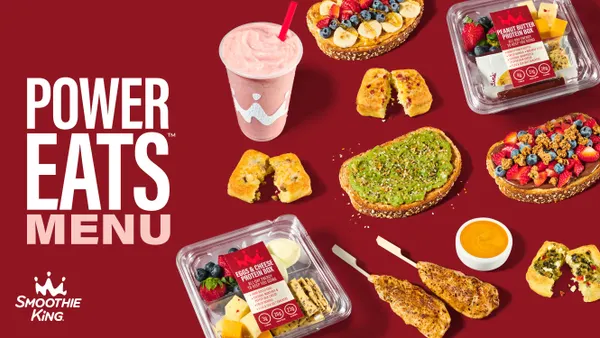Various food items and toast set on a red background