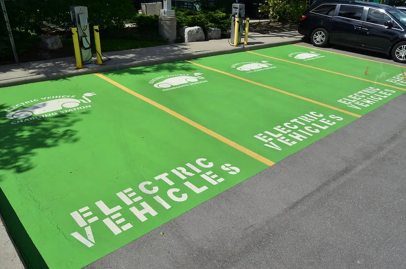 A photo of parking spaces reserved for EV charging