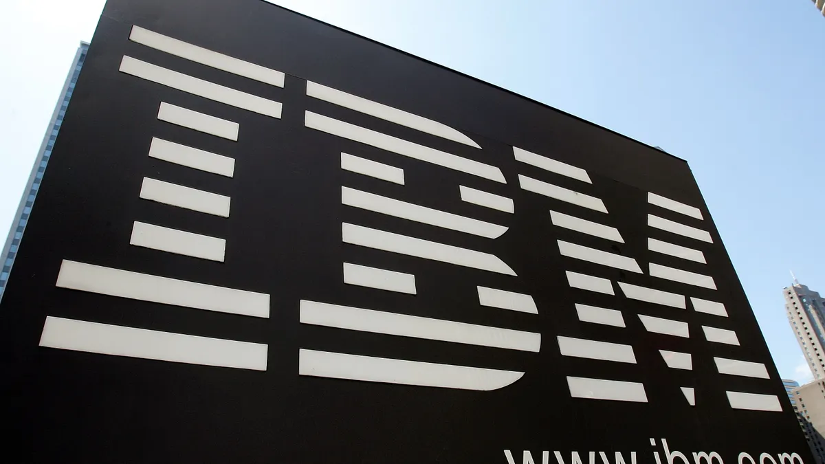 An IBM sign stands outside an IBM building May 10, 2005 in downtown Chicago, Illinois.