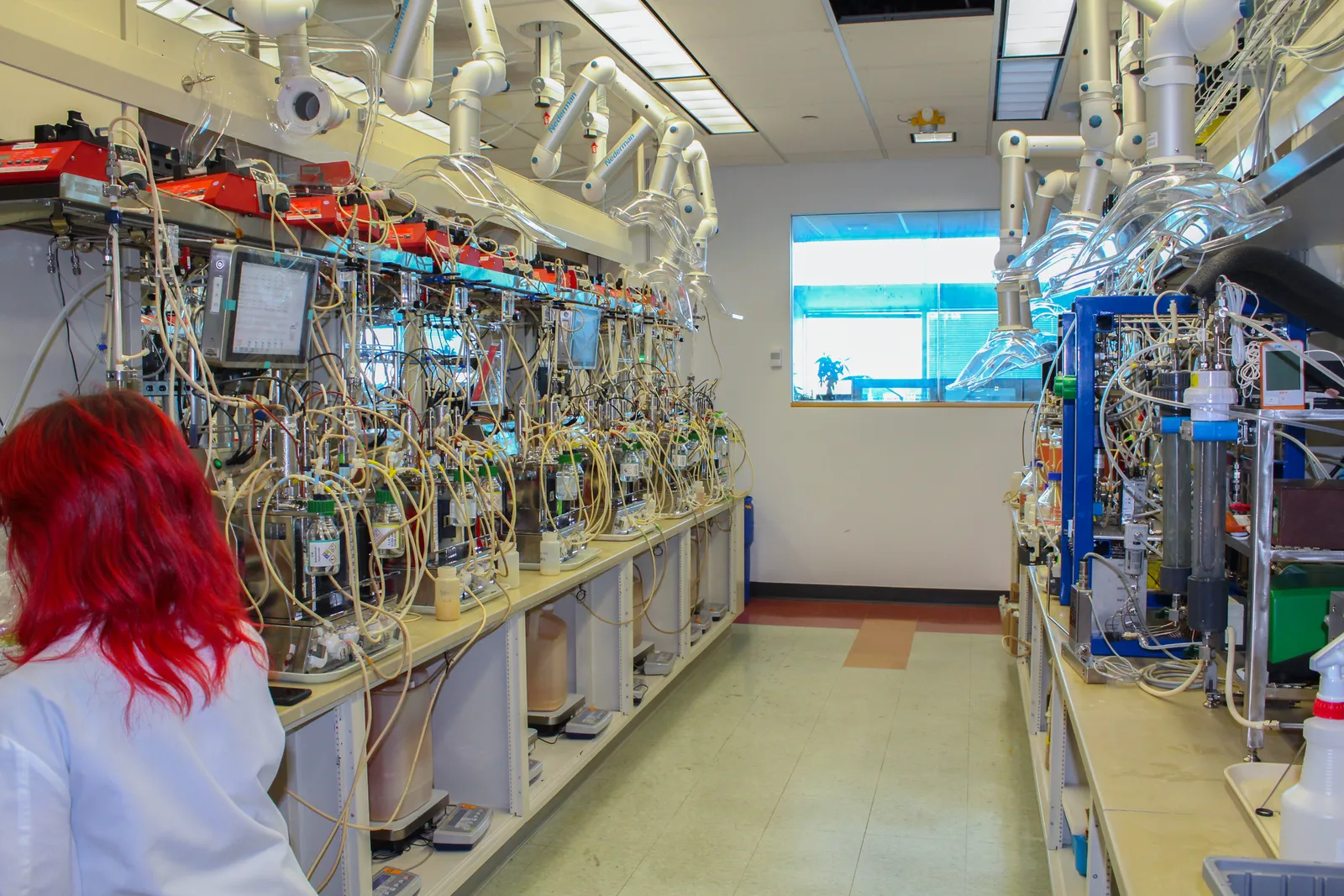 Person wearing a lab coat working in biotechnology lab surrounded by tubes and equipment.