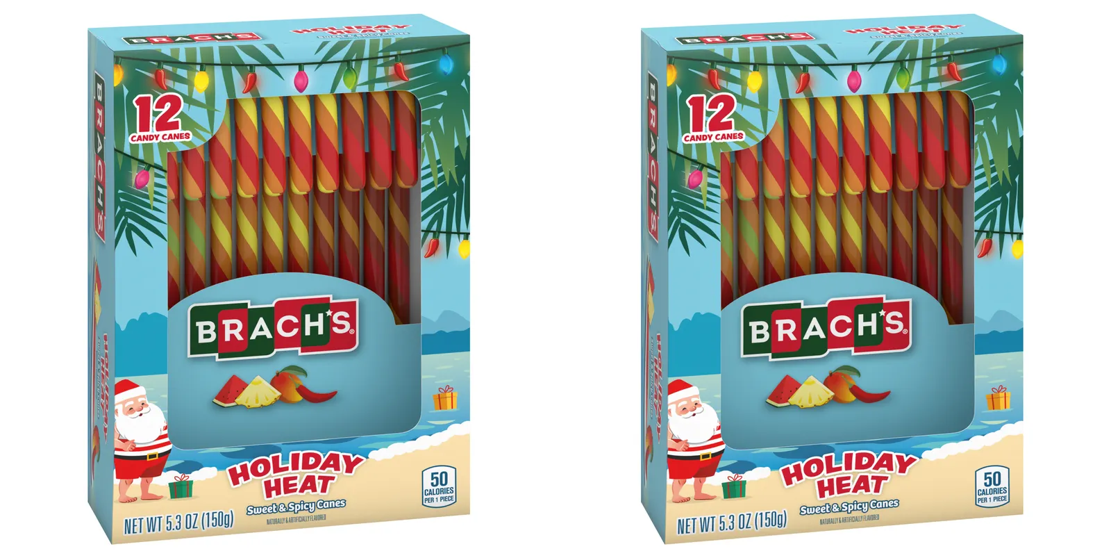 Two blue packages of Brach's Holiday Heat candy canes on a white background.