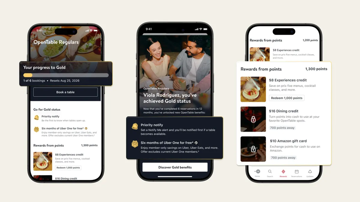 Mobile screenshots of OpenTable's rewards program
