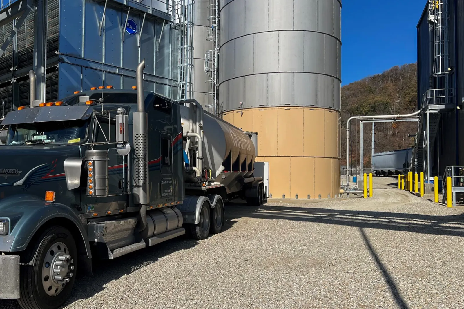 A truck sits in front of the chemical recycling facility.