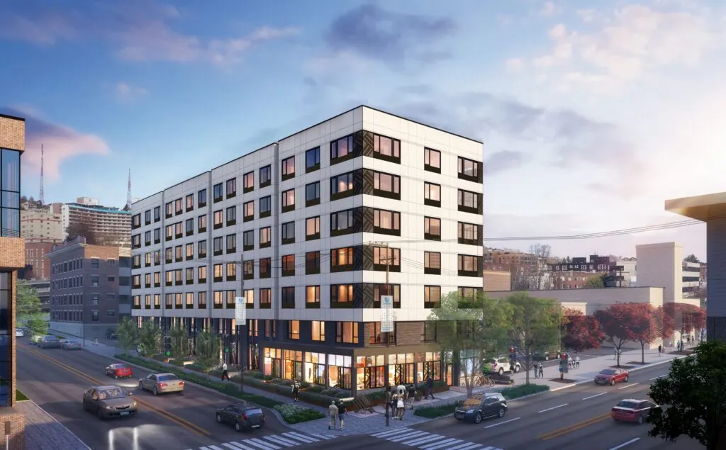 Rendering of a 7-story apartment building.