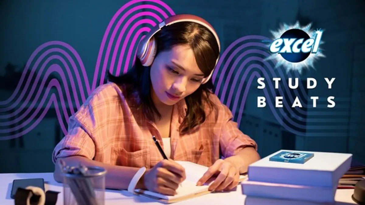 Mars Wrigley Canada's "Study Beats" program featuring a person with headphones studying. The program includes ASMR content meant to relieve studying stress.