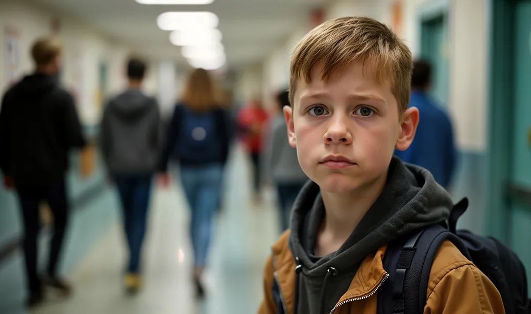 A student in a school hallway